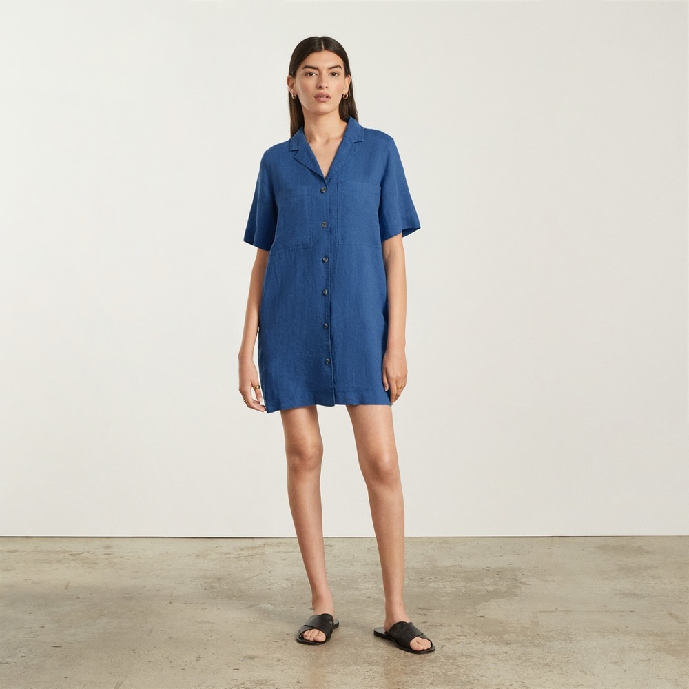 Everlane blue linen button down shirt dress pockets small excellent condition